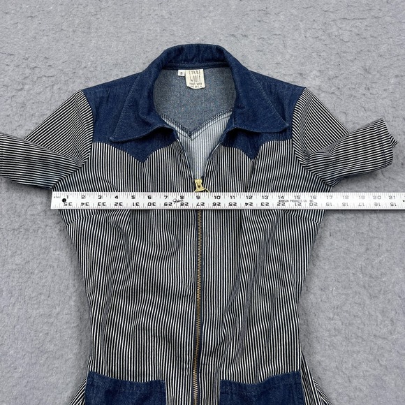 LYKKE WULLF Janae Romper Womens Small Navy Stripe 3" Denim Zip 70s Pockets Retro - Picture 4 of 12